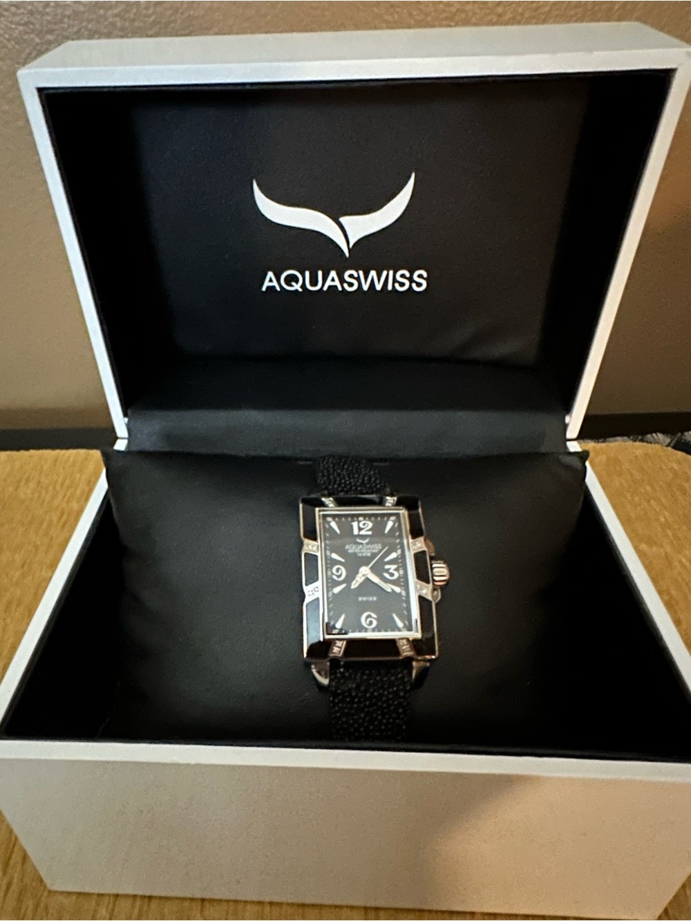 AquaSwiss Avalon AVL001001 Black Dial Rectangular Dress Watch With Diamonds
